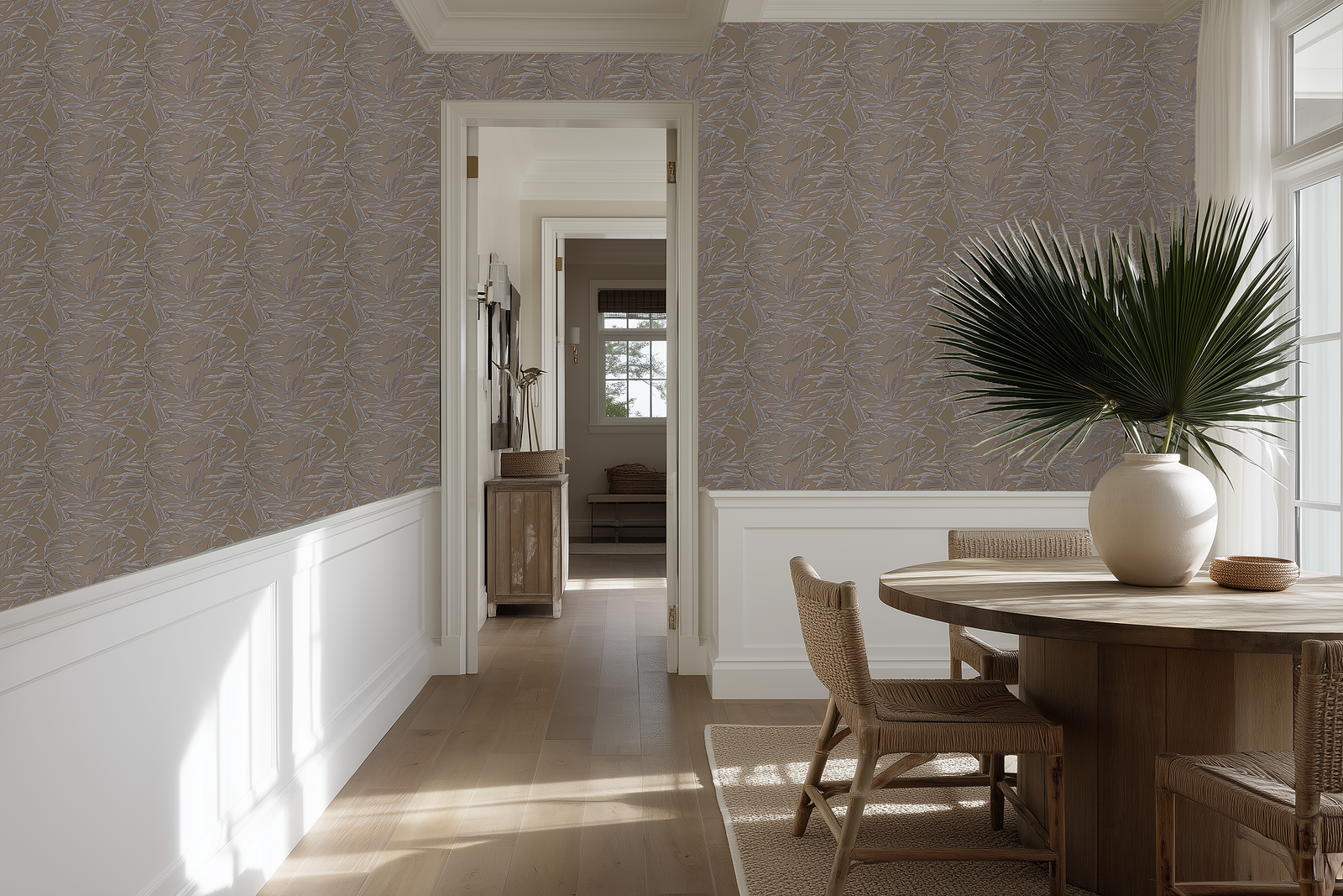 A sophisticated dining room featuring the Dove colorway bamboo wallpaper on the walls.