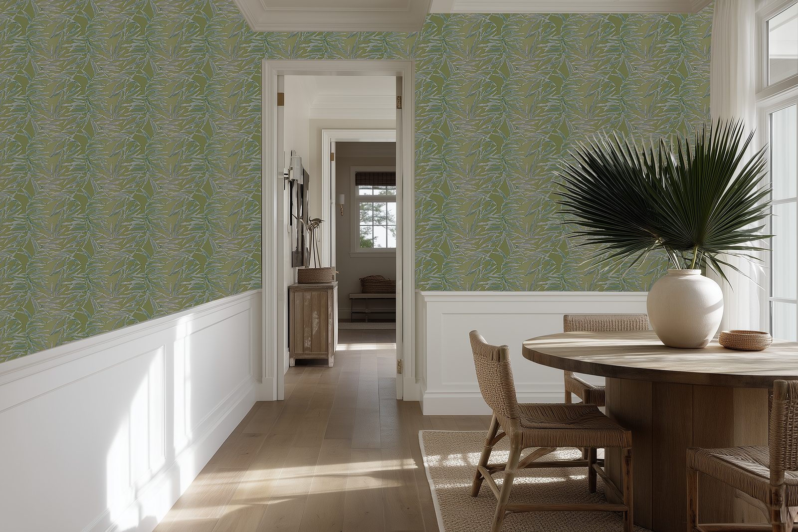 A dining room featuring the Bamboo wallpaper in the Moss green colorway.