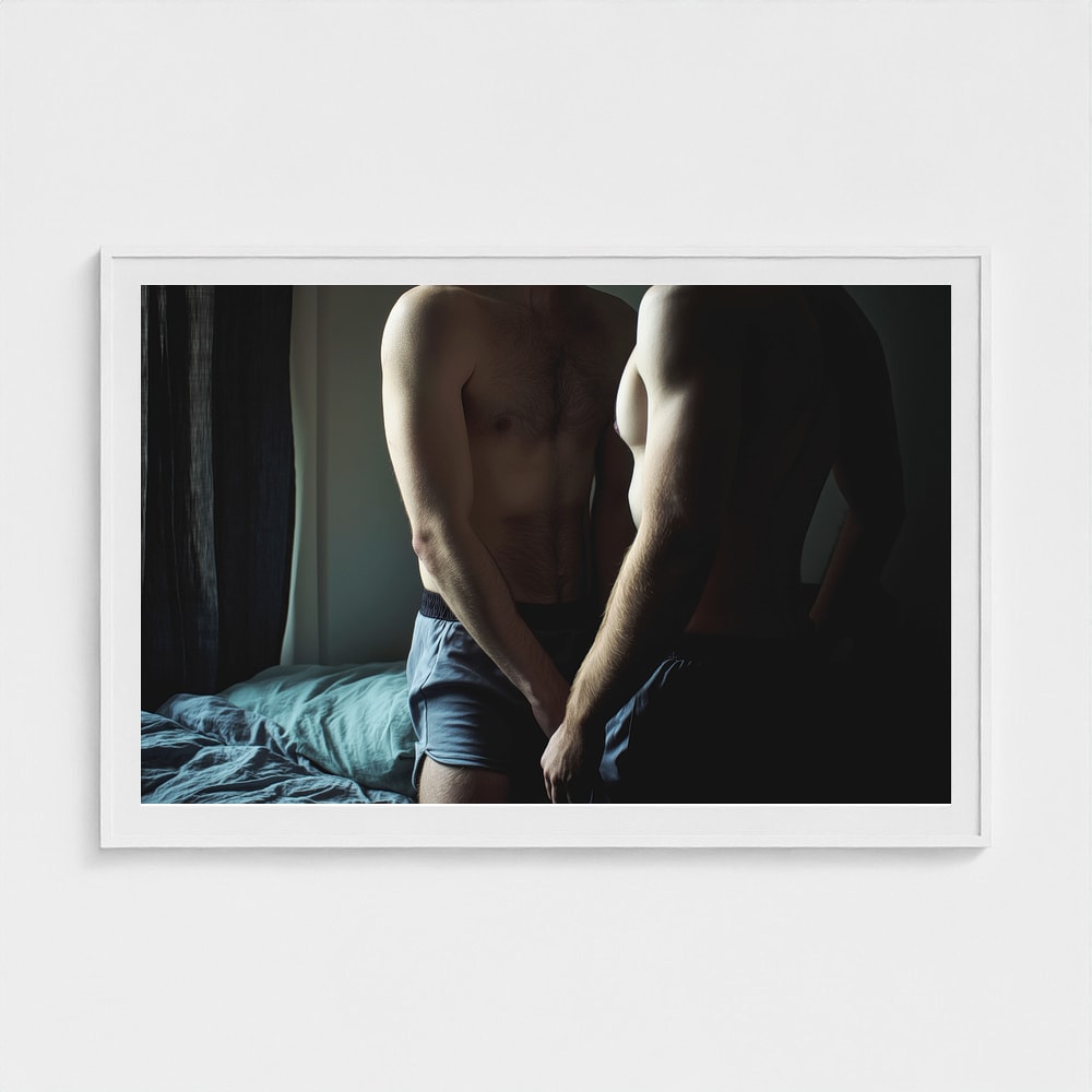 Intimate Male Torso Portrait in Soft Bedroom Light