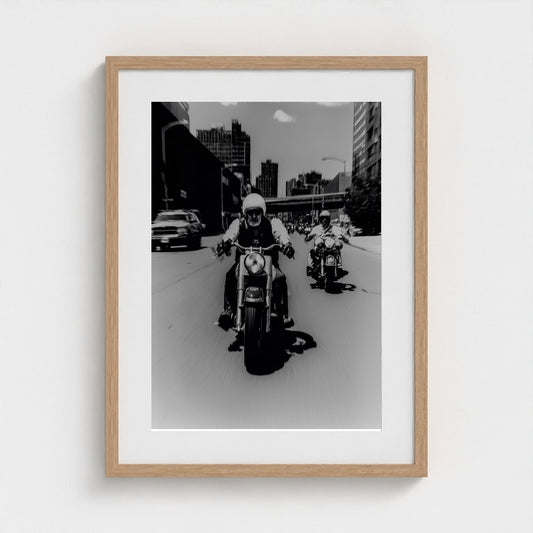 Urban Motorcycle Riders in Gritty Monochrome Print