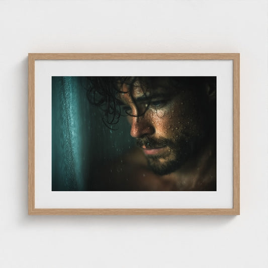 Contemplative Shower Portrait in Soft Grey Tones