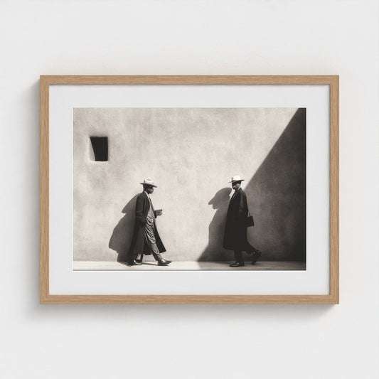 Two Men in Shadowed Street Scene on Textured Wall