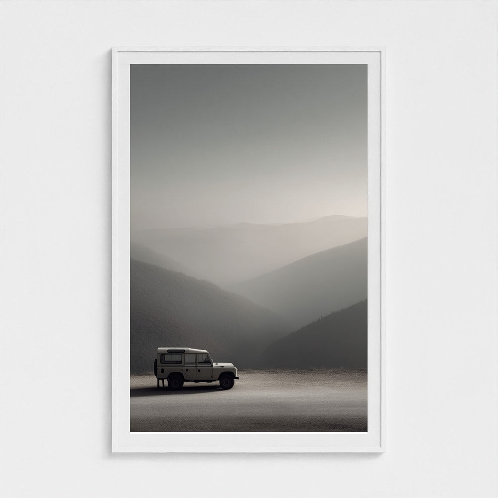 White Land Rover in Serene Misty Mountain Landscape