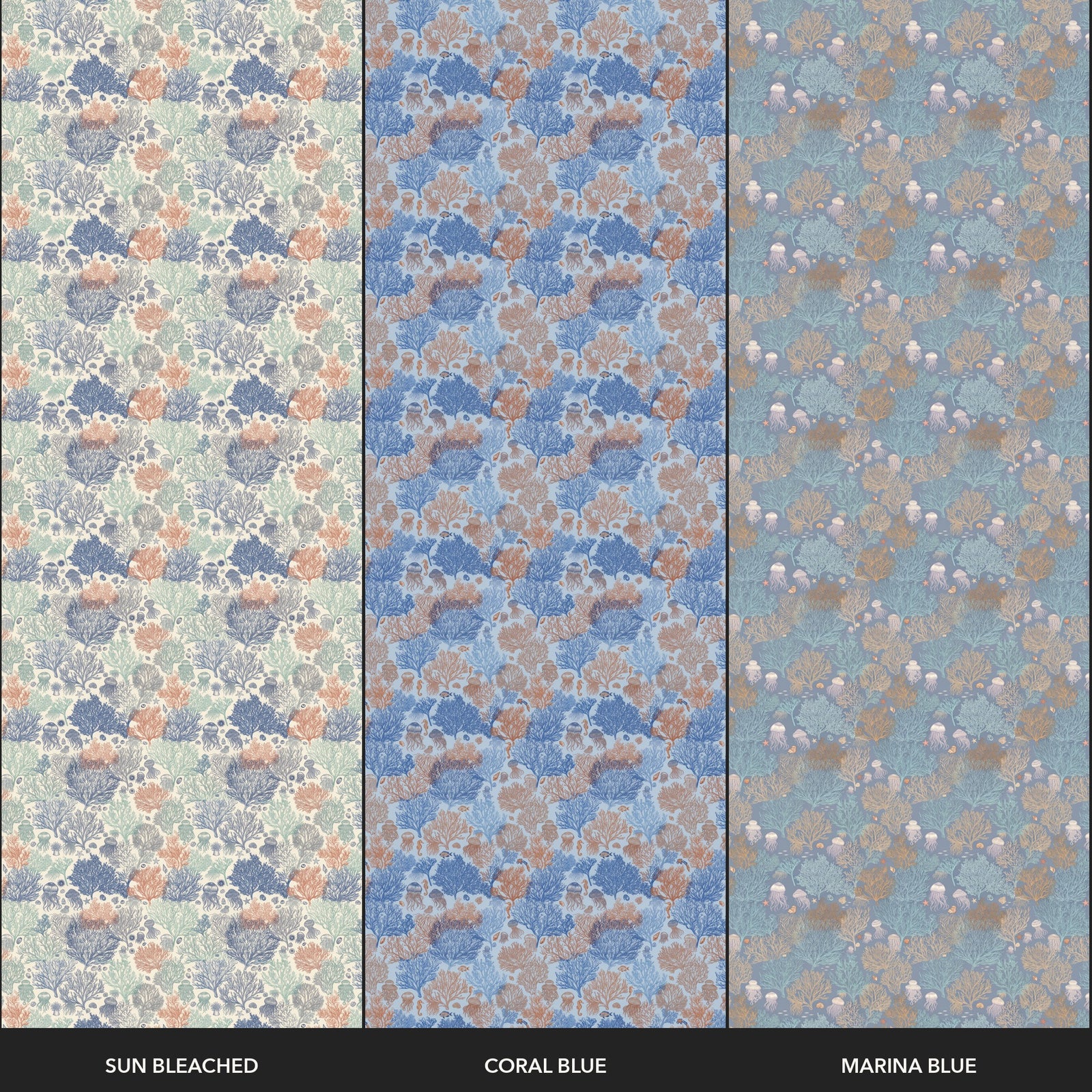 Colorway samples of Jelly Reef wallpaper in Sun Bleached, Coastal Blue, and Marina Blue.