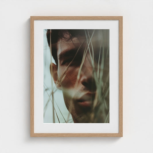 Contemplative Male Portrait Veiled by Wild Grass