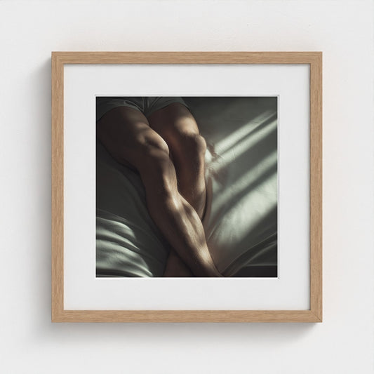 Contemplative Male Legs Study on Soft White Bed