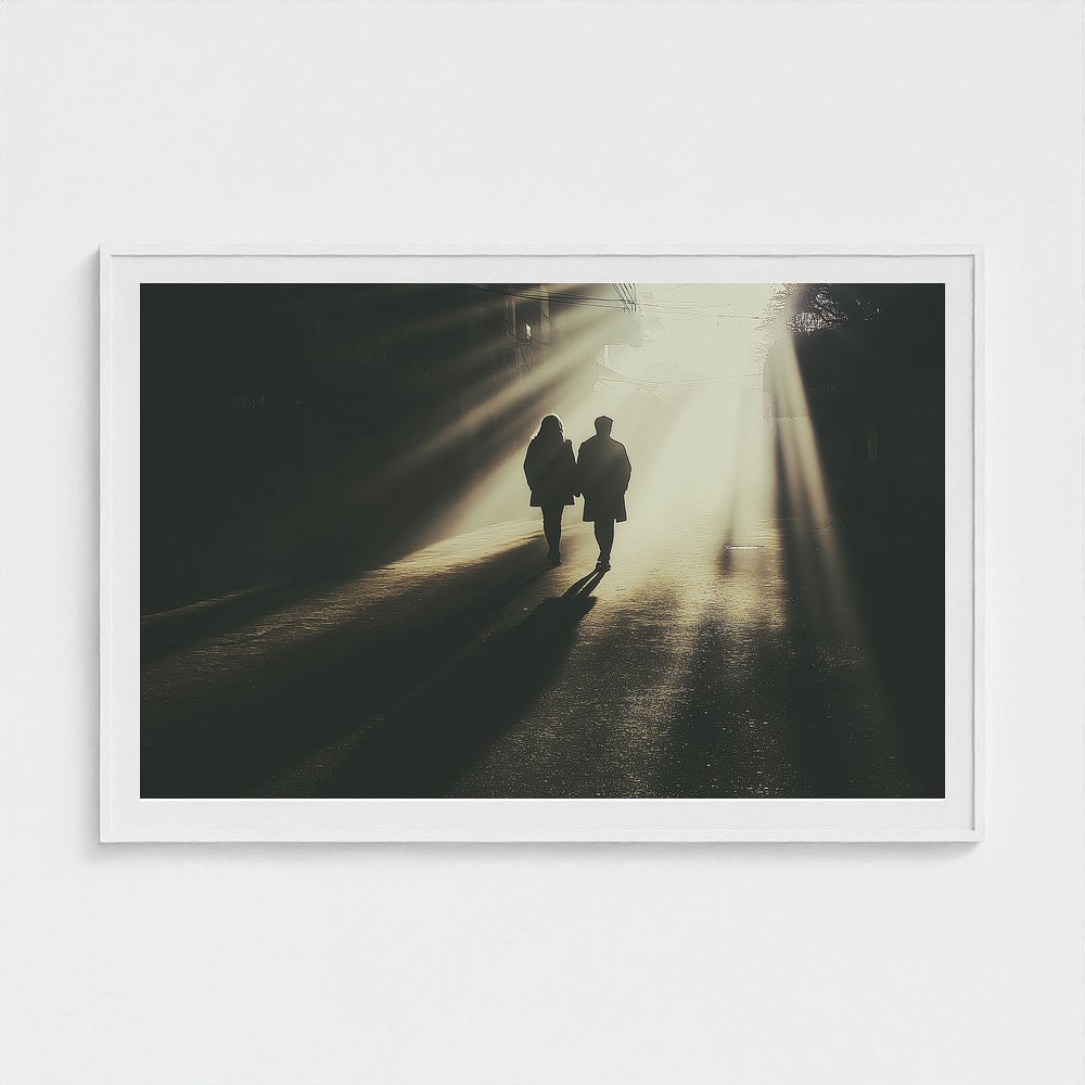 Silhouetted Couple in Dramatic Urban Sunlight Print