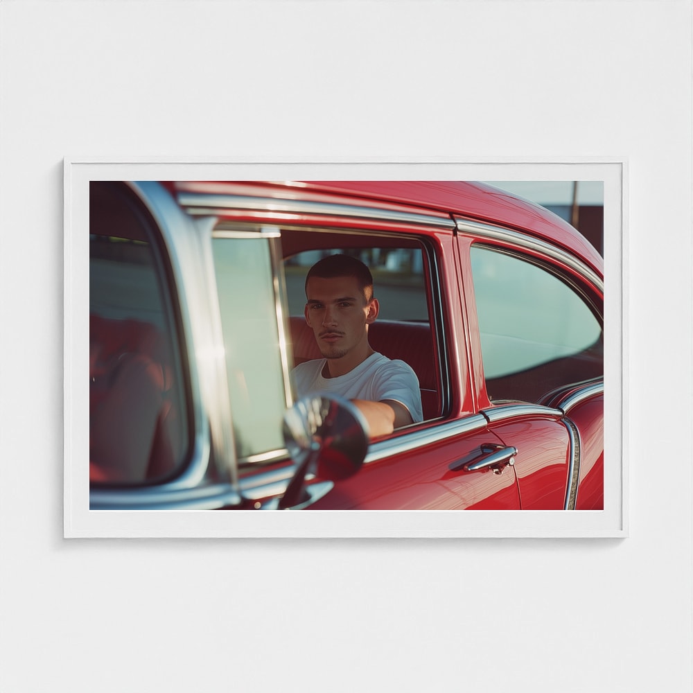 Young Man in Red Classic Car Contemplative Portrait