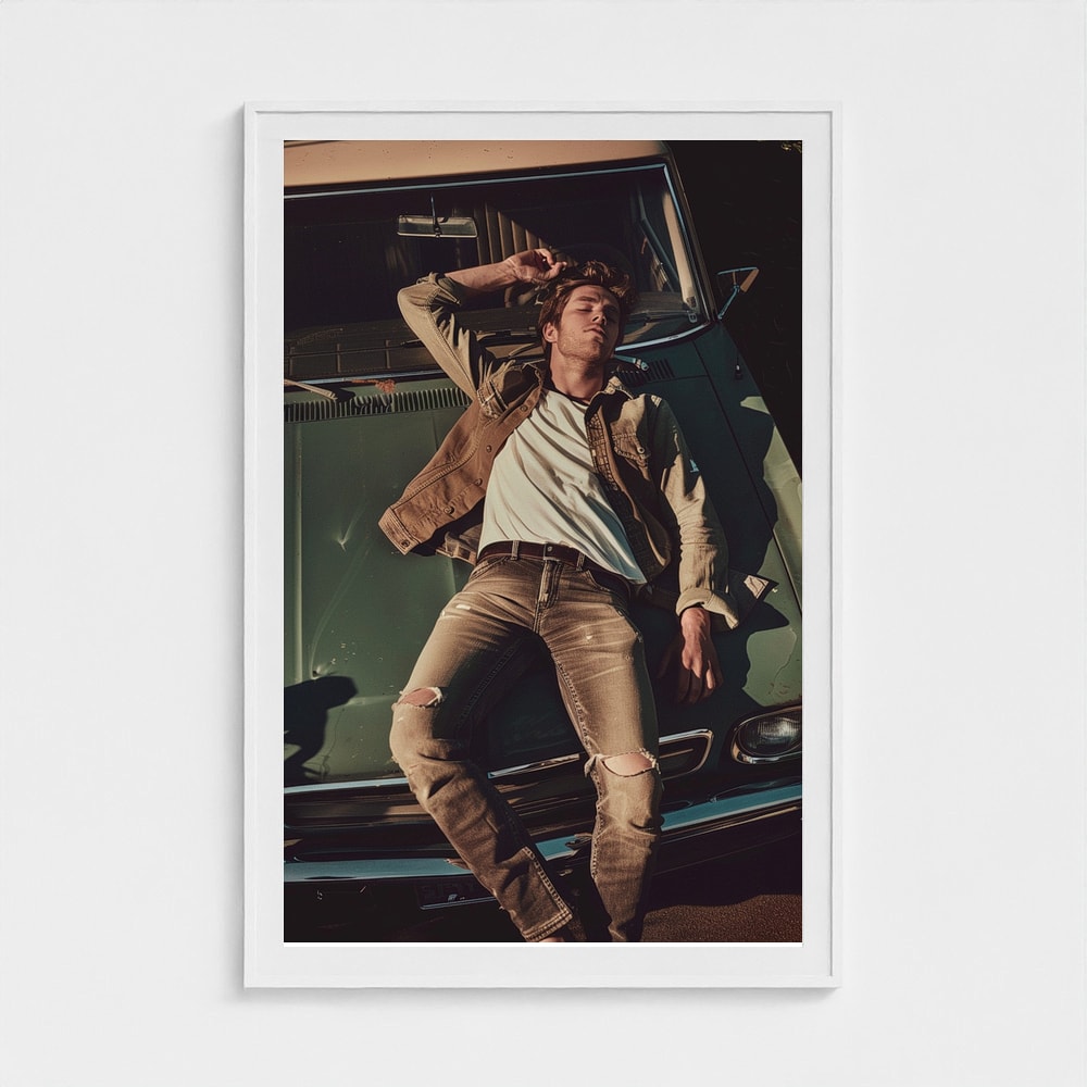 Reclining Man on Vintage Car in Olive Tonal Light