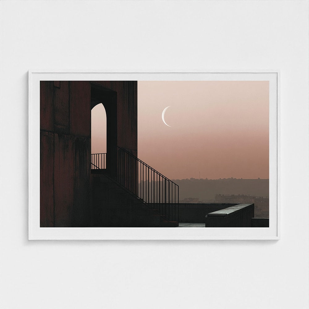 Minimalist Rooftop Staircase at Dusk with Crescent Moon