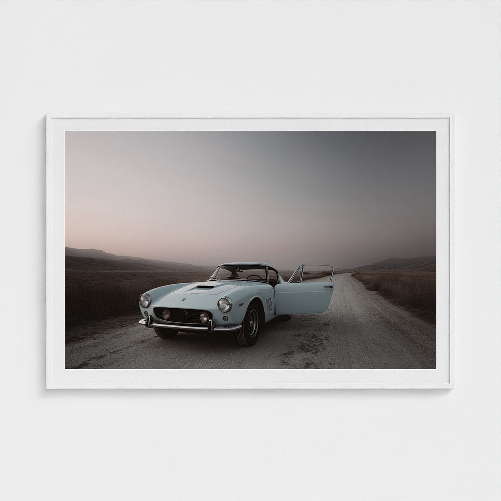 Vintage Blue Ferrari on Hazy Mountain Road Photography