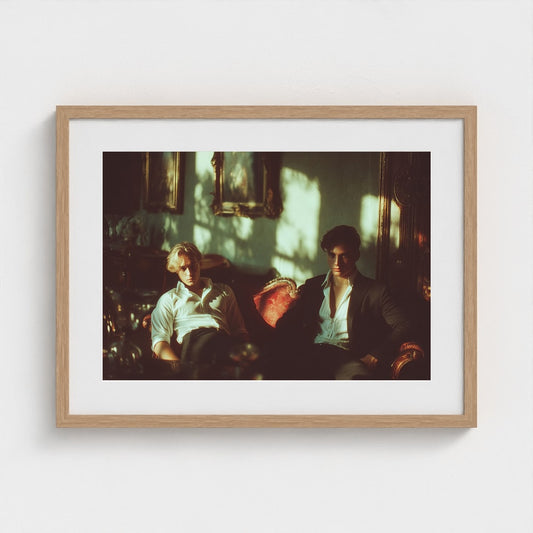 Two Men on Red Sofa in Atmospheric Window Light