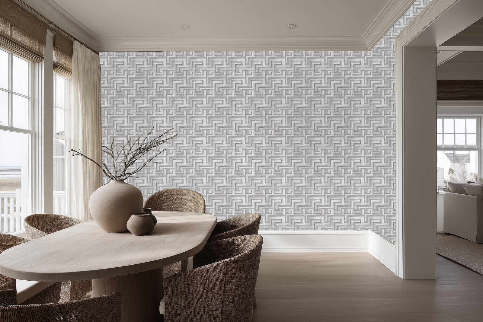 Dining room walls decorated with Greek Key Meander Gray wallpaper