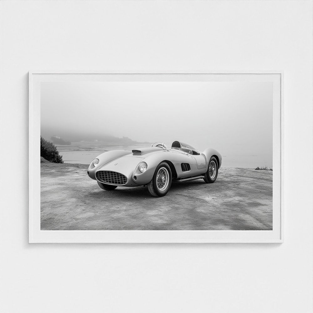 Silver 1957 Ferrari Spider in Foggy Minimal Landscape