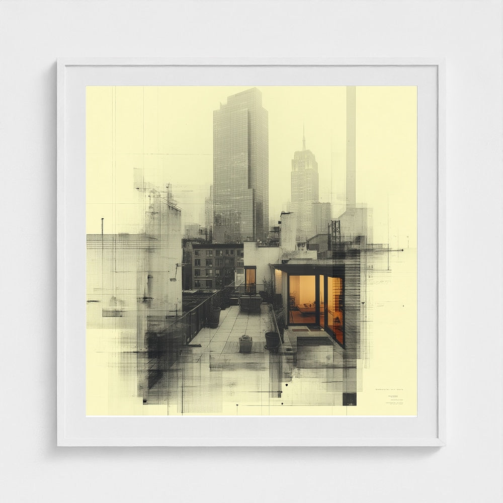 New York Rooftop Architectural Drawing in Warm Tones