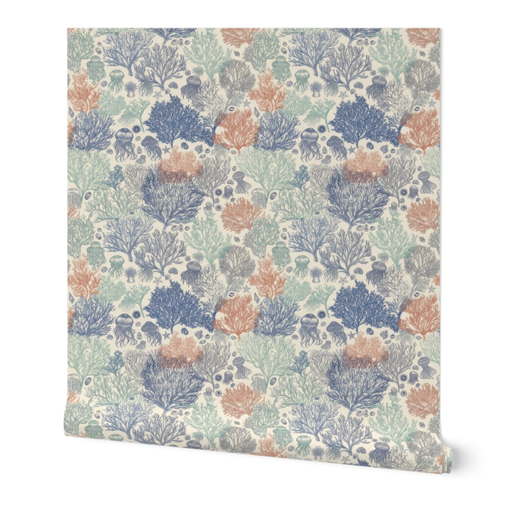 A single roll of Jelly Reef wallpaper in Sun Bleached, showcasing a warm neutral underwater pattern.