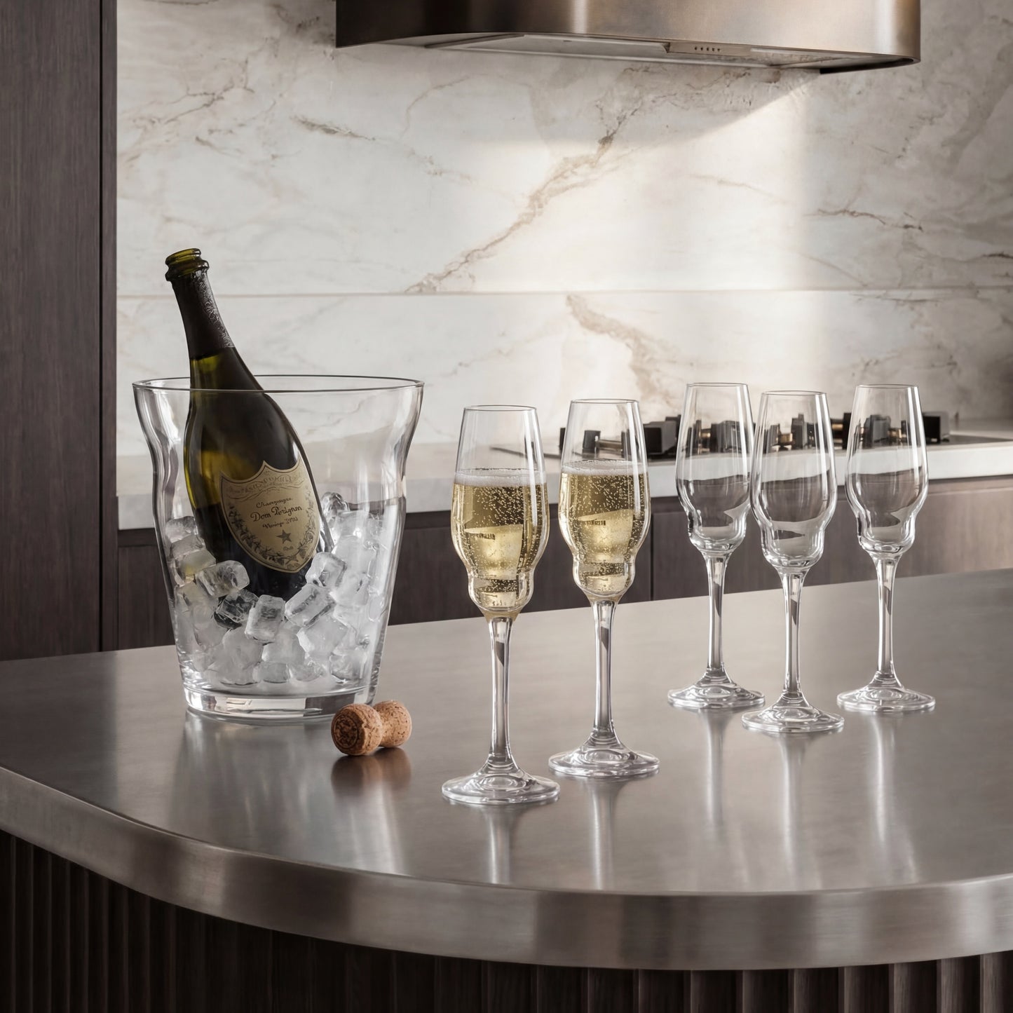 Two NUDE Heads Up crystal champagne glasses showing their elegant double-curve detail and modern silhouette.