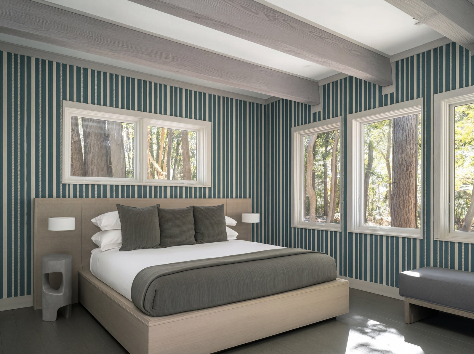 Coastal bedroom interior featuring Oceanic Teal Nautical Stripe Wallpaper on a focal wall