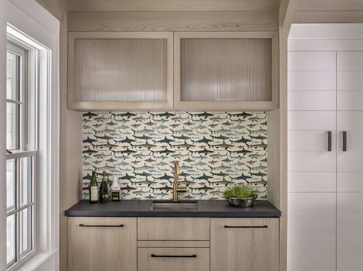 Close up detail of Sea of Sharks Wallpaper | Provenance & Patina