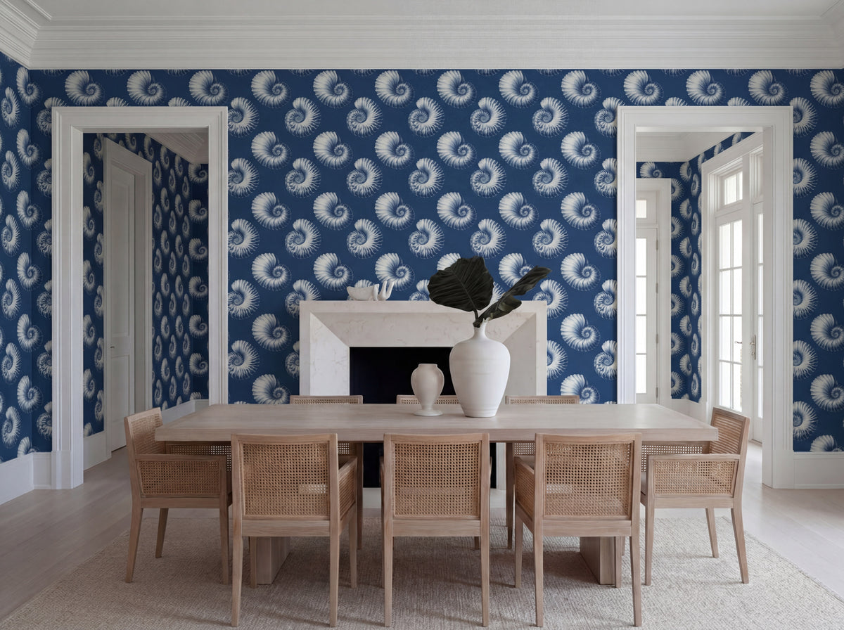 Coastal style powder room wall featuring Nautilus Study wallpaper