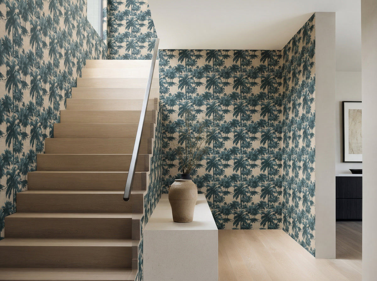 Tropical palm tree wallpaper installed in a bright coastal dining room setting.