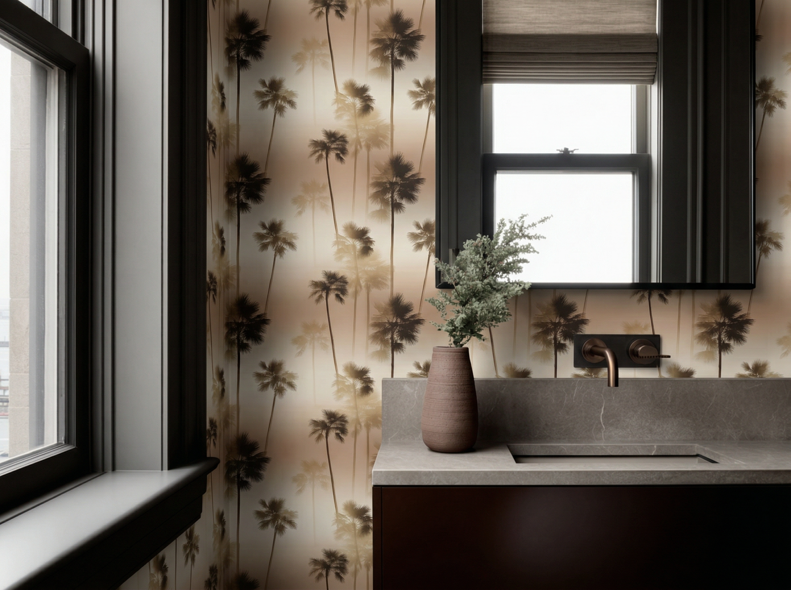 Living room display showing the towering palm tree pattern wallpaper in a golden colorway.
