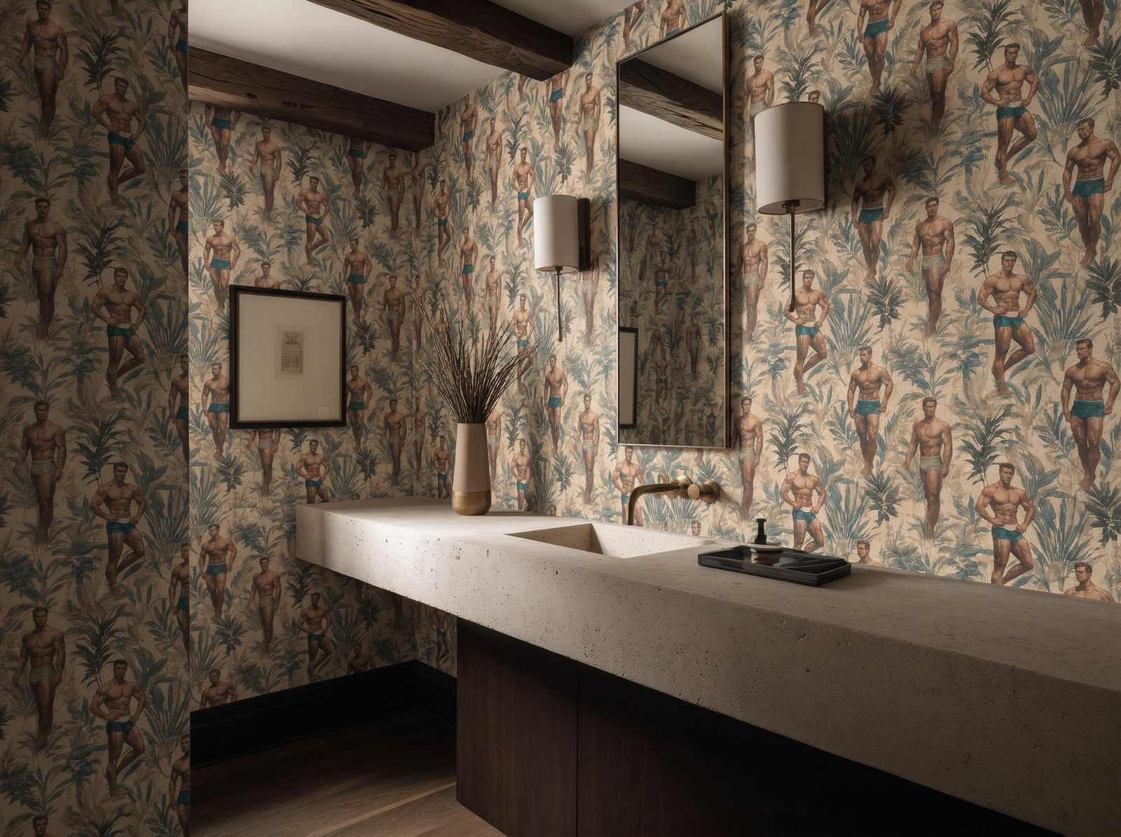 Sophisticated bathroom interior styled with the Nude colorway wallpaper.