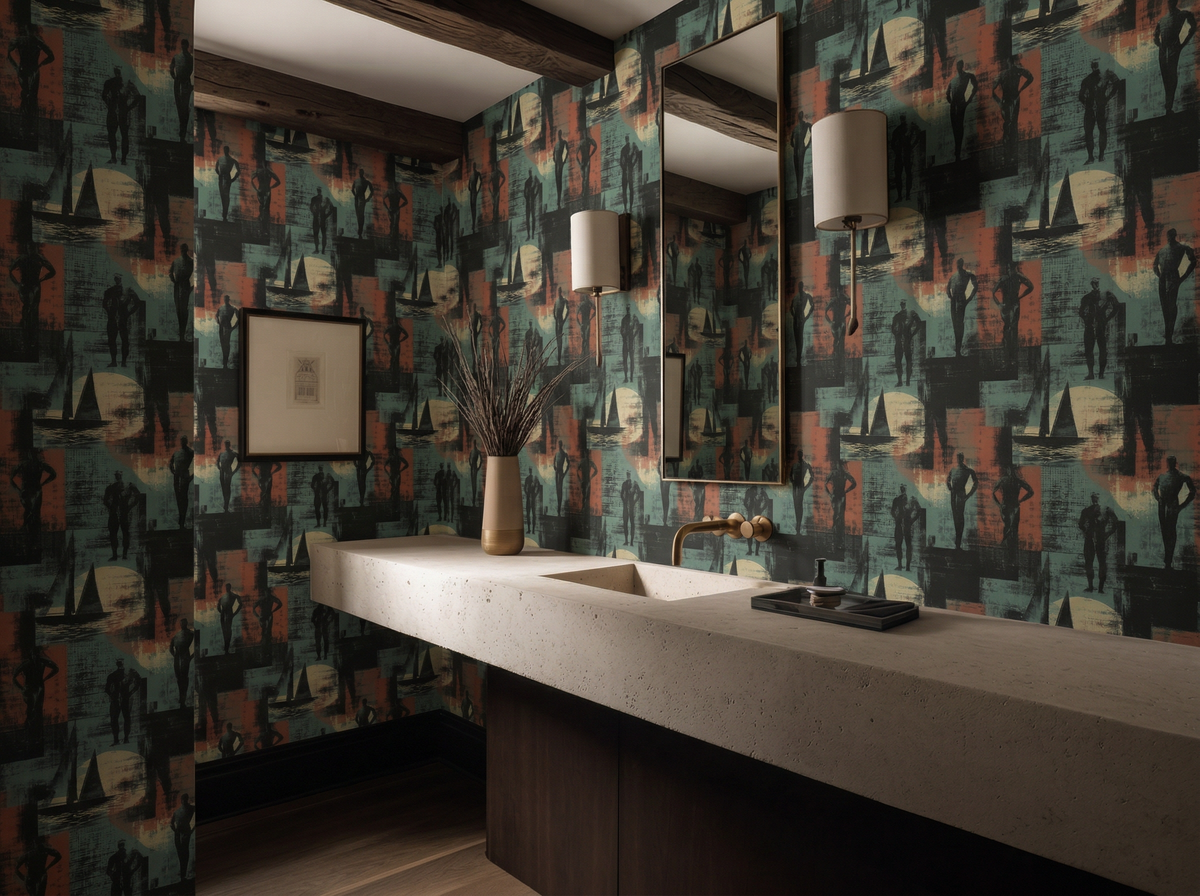 A modern dining room wall styled with Coastal Sculptors Frieze Wallpaper behind a minimalist wooden table.