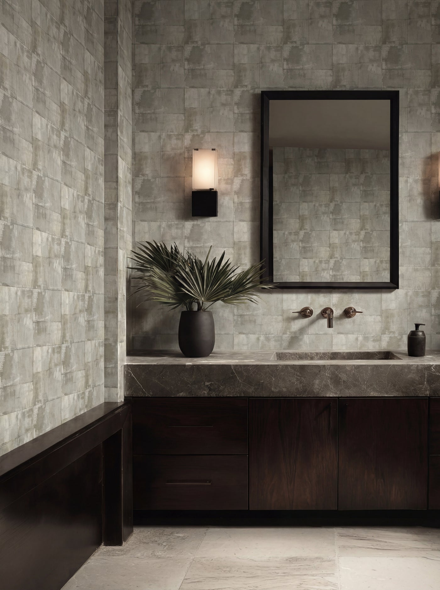 Close up detail of Matte Limewash Panel Grid Wallpaper | Provenance & Patina