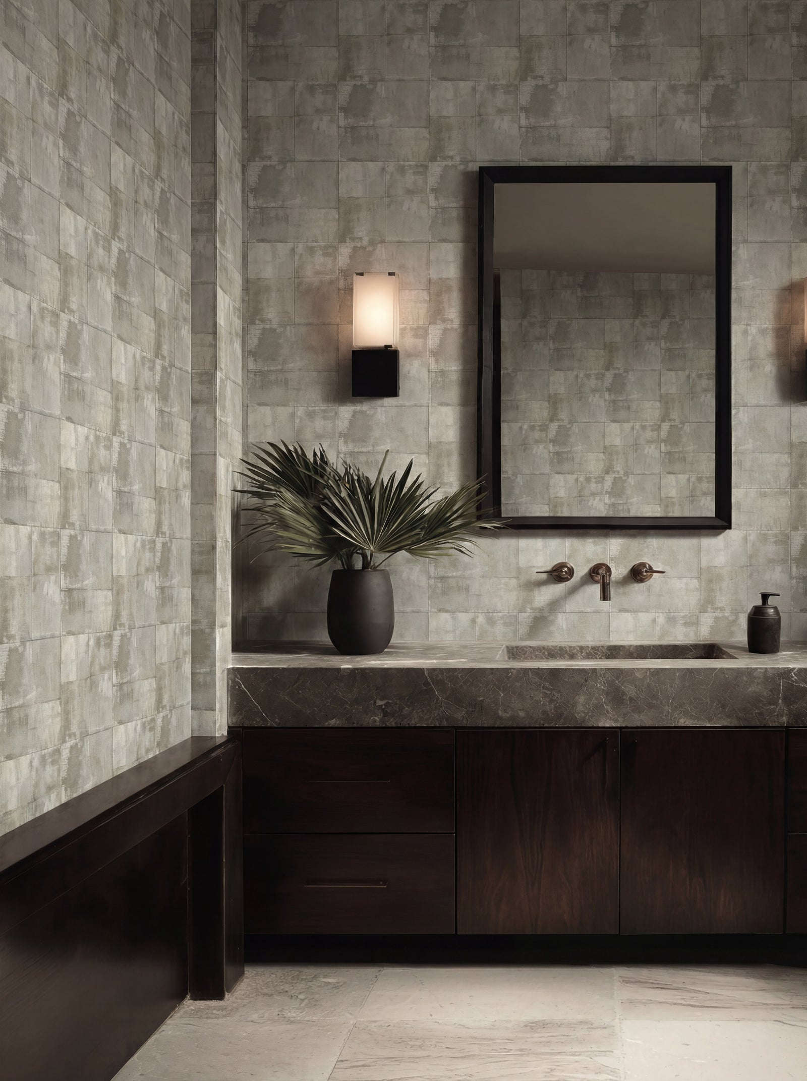 Close up detail of Matte Limewash Panel Grid Wallpaper | Provenance & Patina