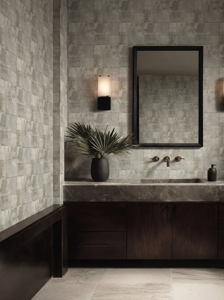 Close up detail of Matte Limewash Panel Grid Wallpaper | Provenance & Patina