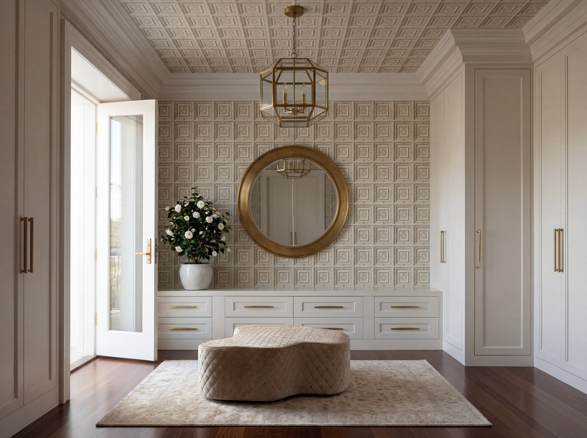 Neoclassical ceiling medallion pattern wallpaper in a warm ivory palette, styled in an elegant dining room.
