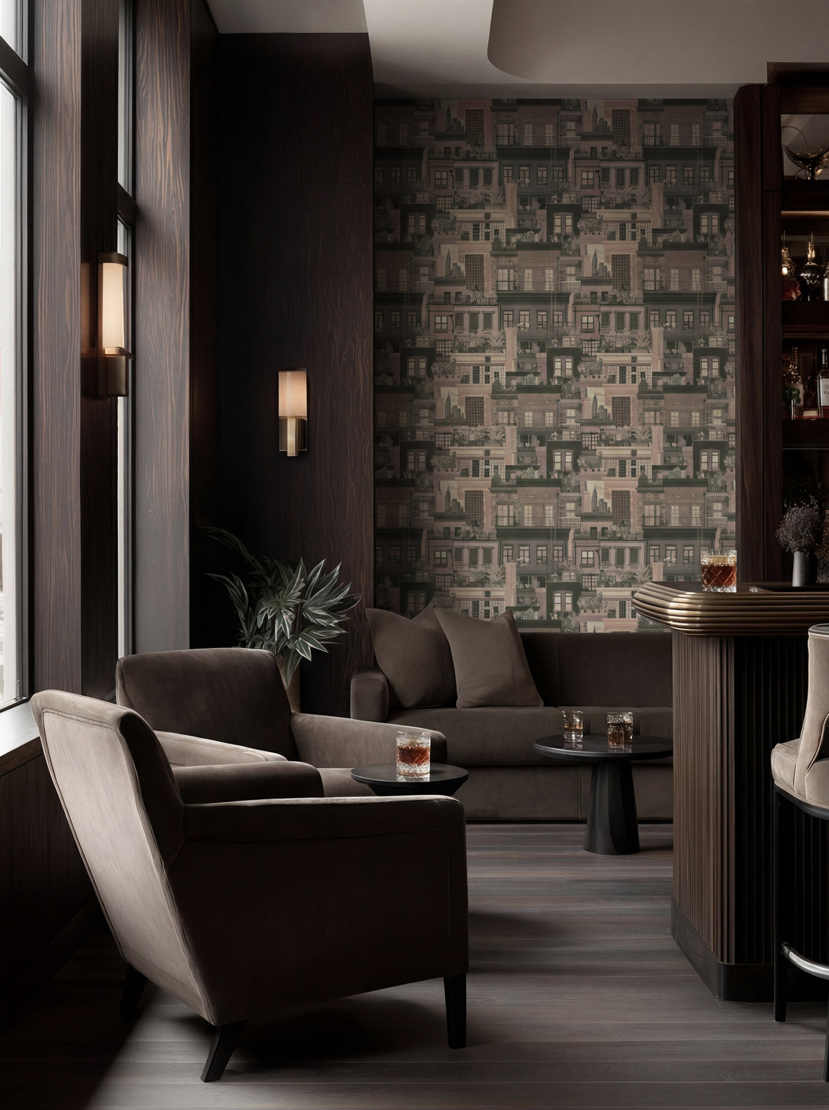 Stylized West Village Rooftops wallpaper in Beige on a living room accent wall.