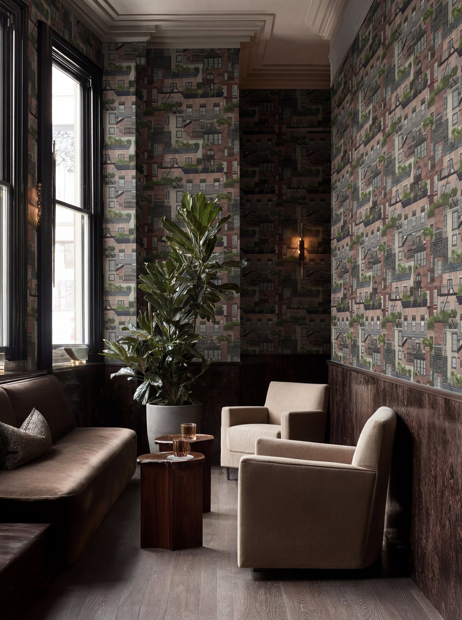 Red Brick Planted Terraces wallpaper installed in a warm, architectural dining space.