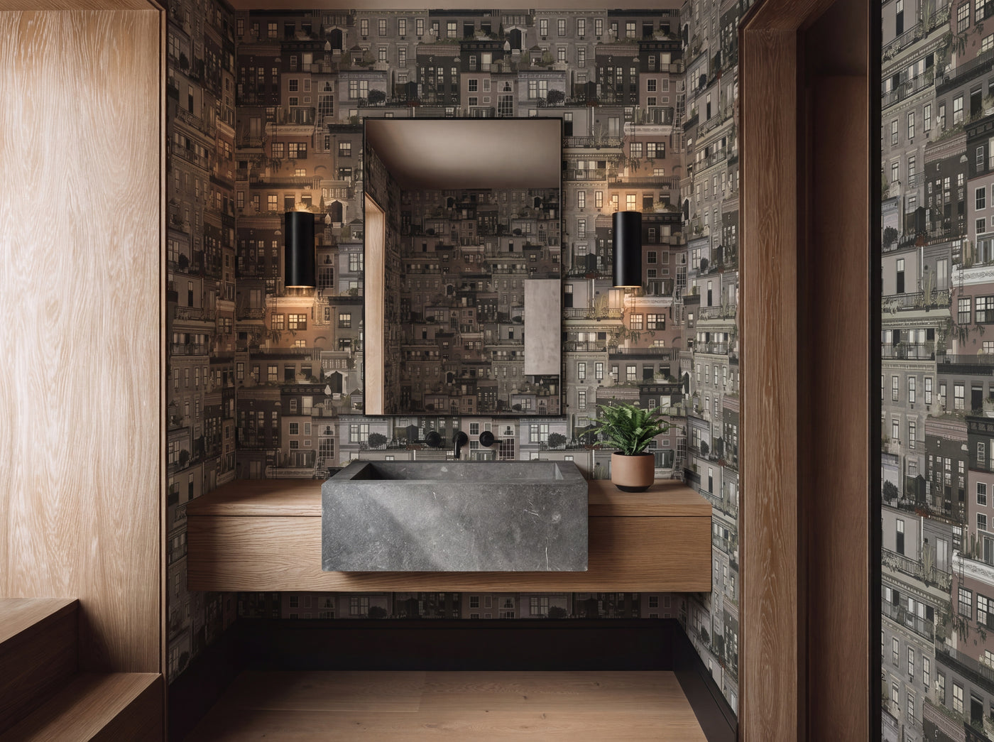 Detailed view of Planted Terraces wallpaper installed in a sophisticated modern living room.