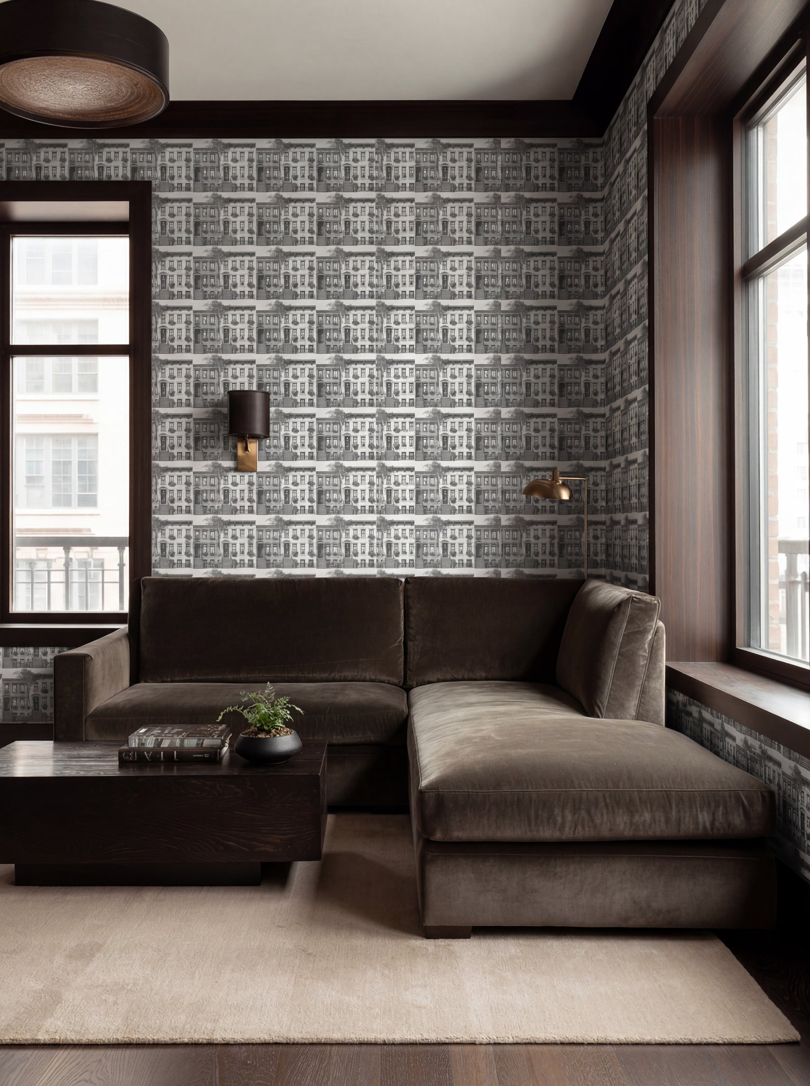 Close-up of the woven texture and organic fiber details of the Greenwich Village grasscloth wallpaper.