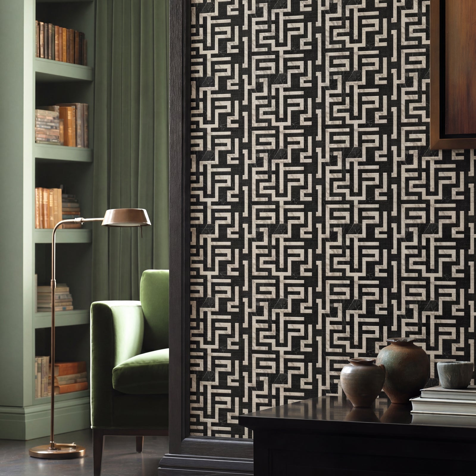 Close-up detail of Carrara Marble Greek Key wallpaper pattern