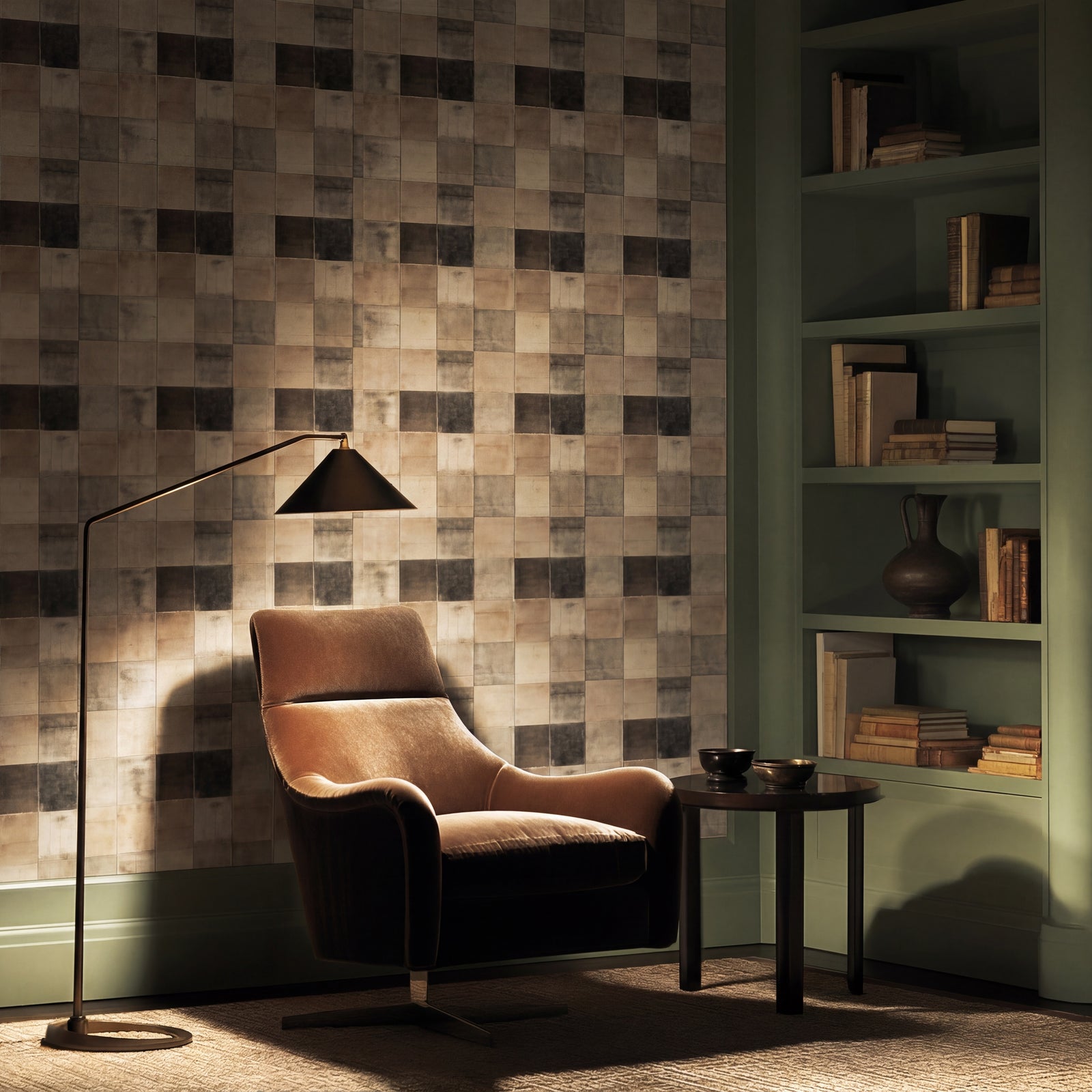 Close-up of weathered plaster texture on luxury patina tile wallpaper