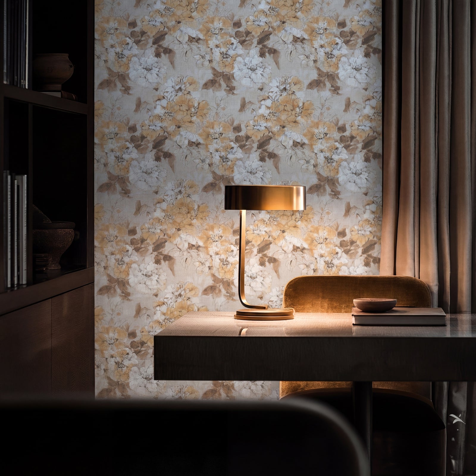 Classic entryway accented with watercolor floral wallpaper in soft shades.