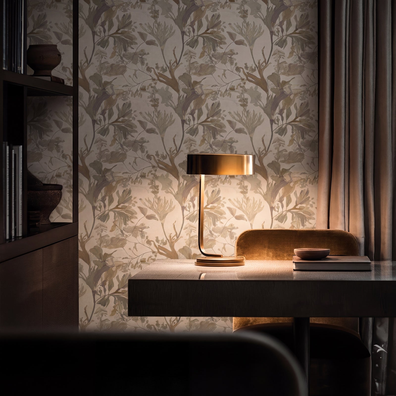 Ethereal foliage wallpaper accent wall in a modern dining room.