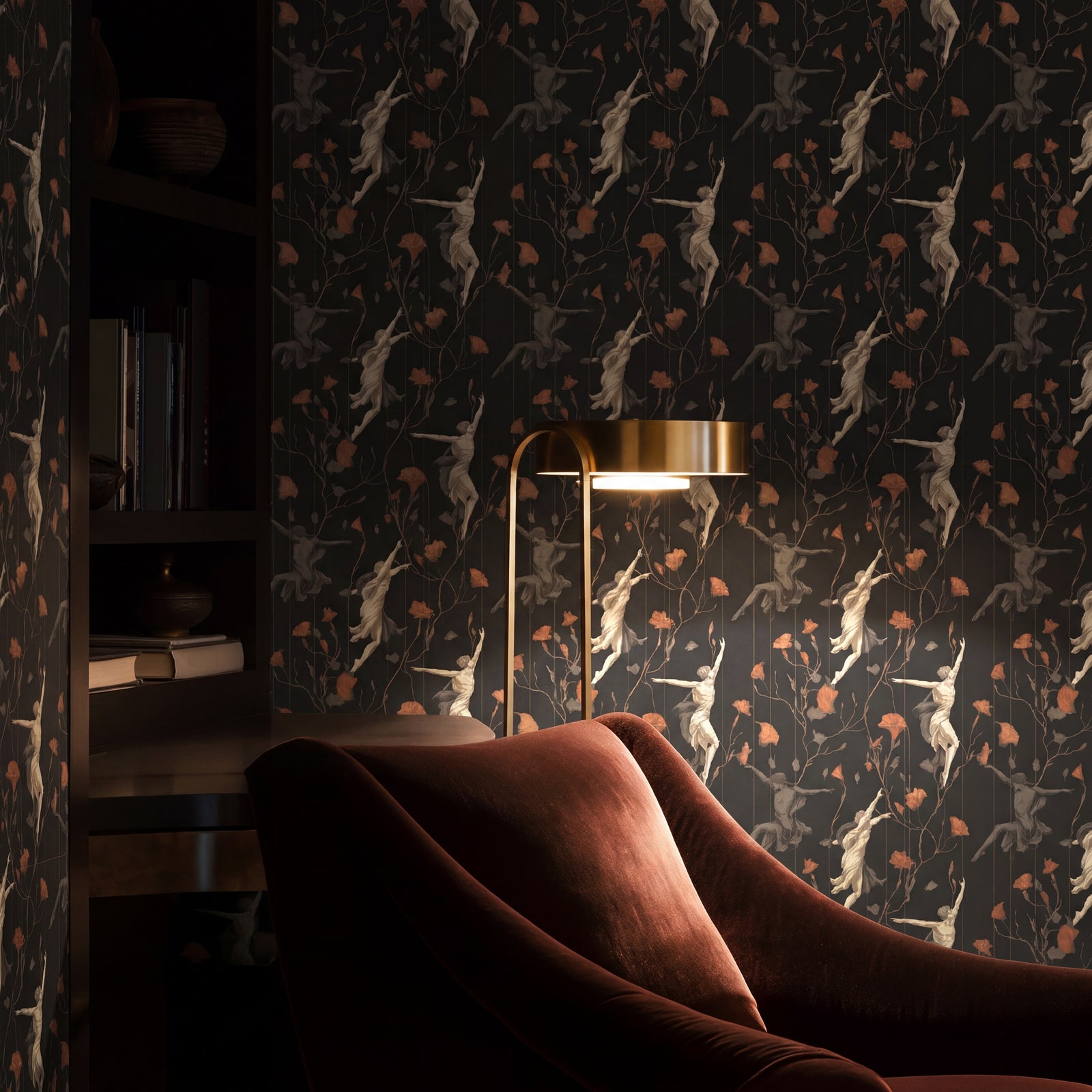 Renaissance Fairies wallpaper roll showcasing delicate winged figures and fresco texture detail.