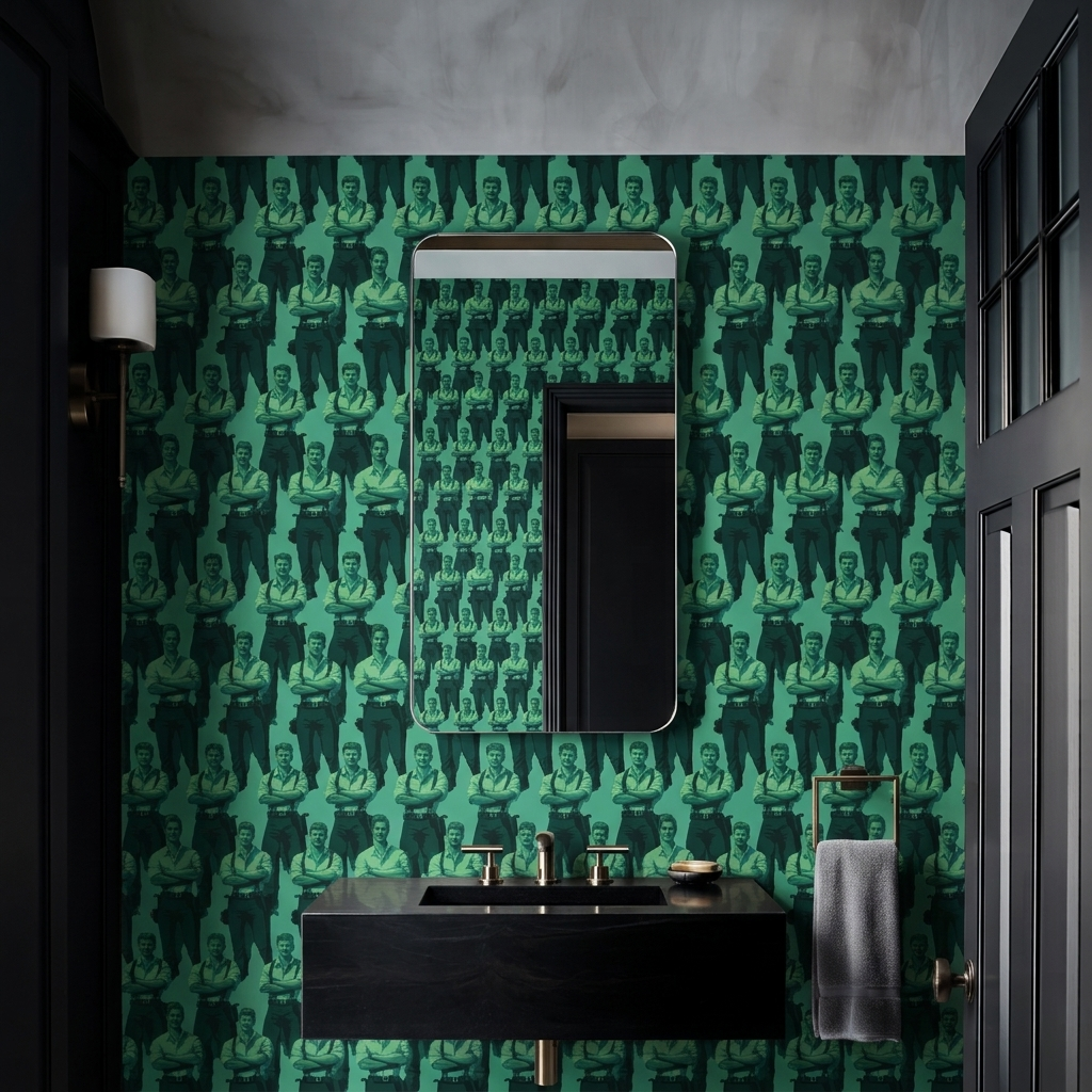 Celadon green artisan wallpaper design featuring stylized vintage figures.