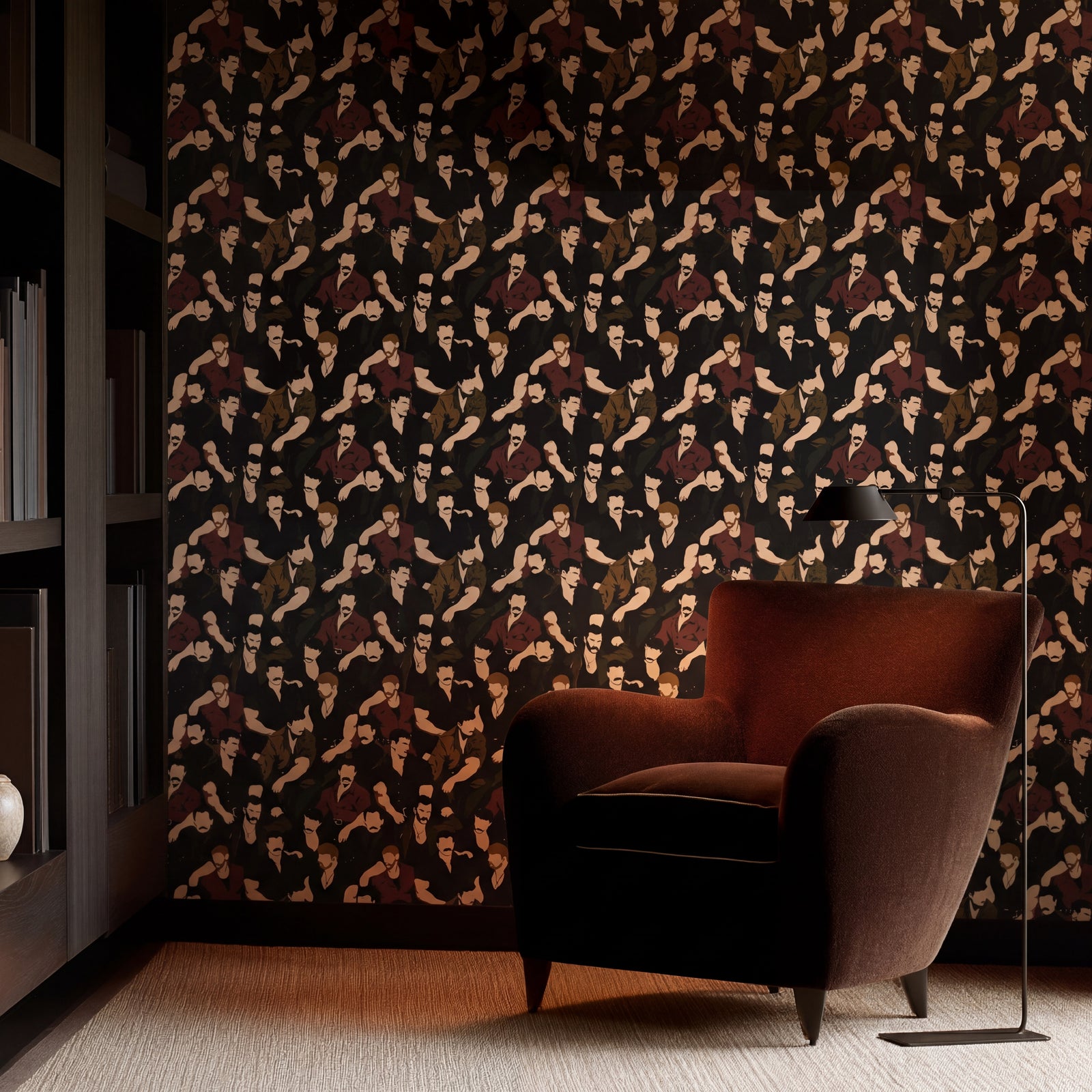Mustache Men wallpaper design in a cozy reading nook