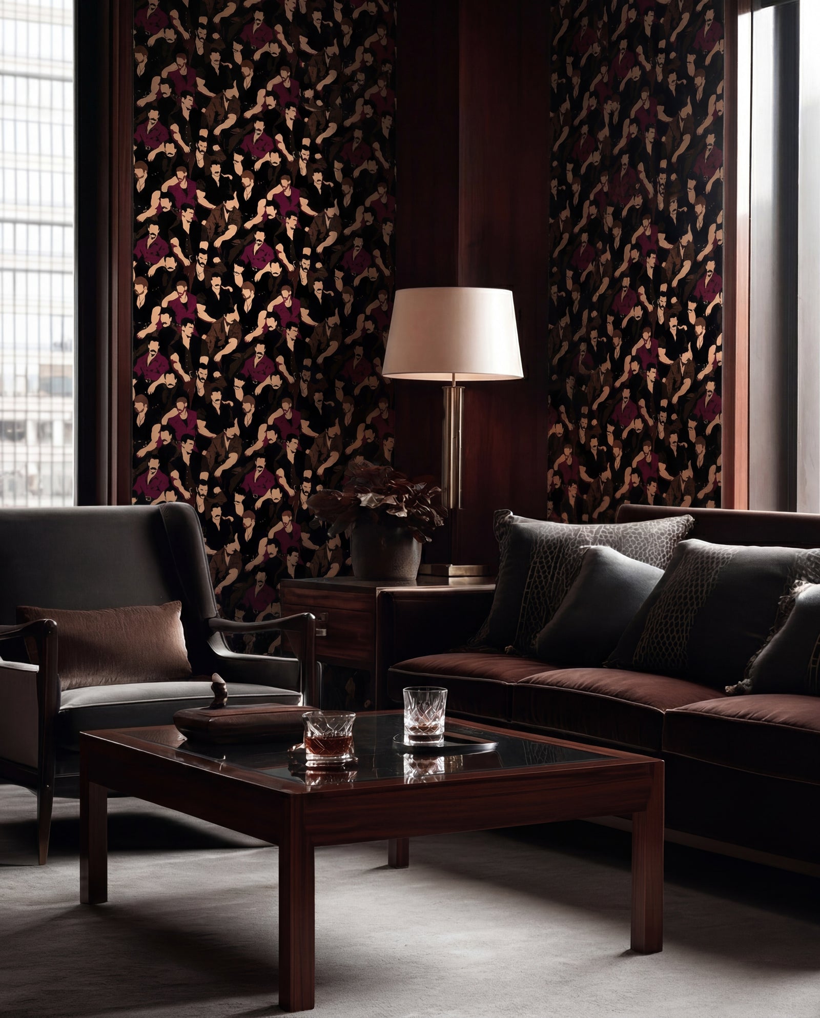 Mustache Men wallpaper in a curated study