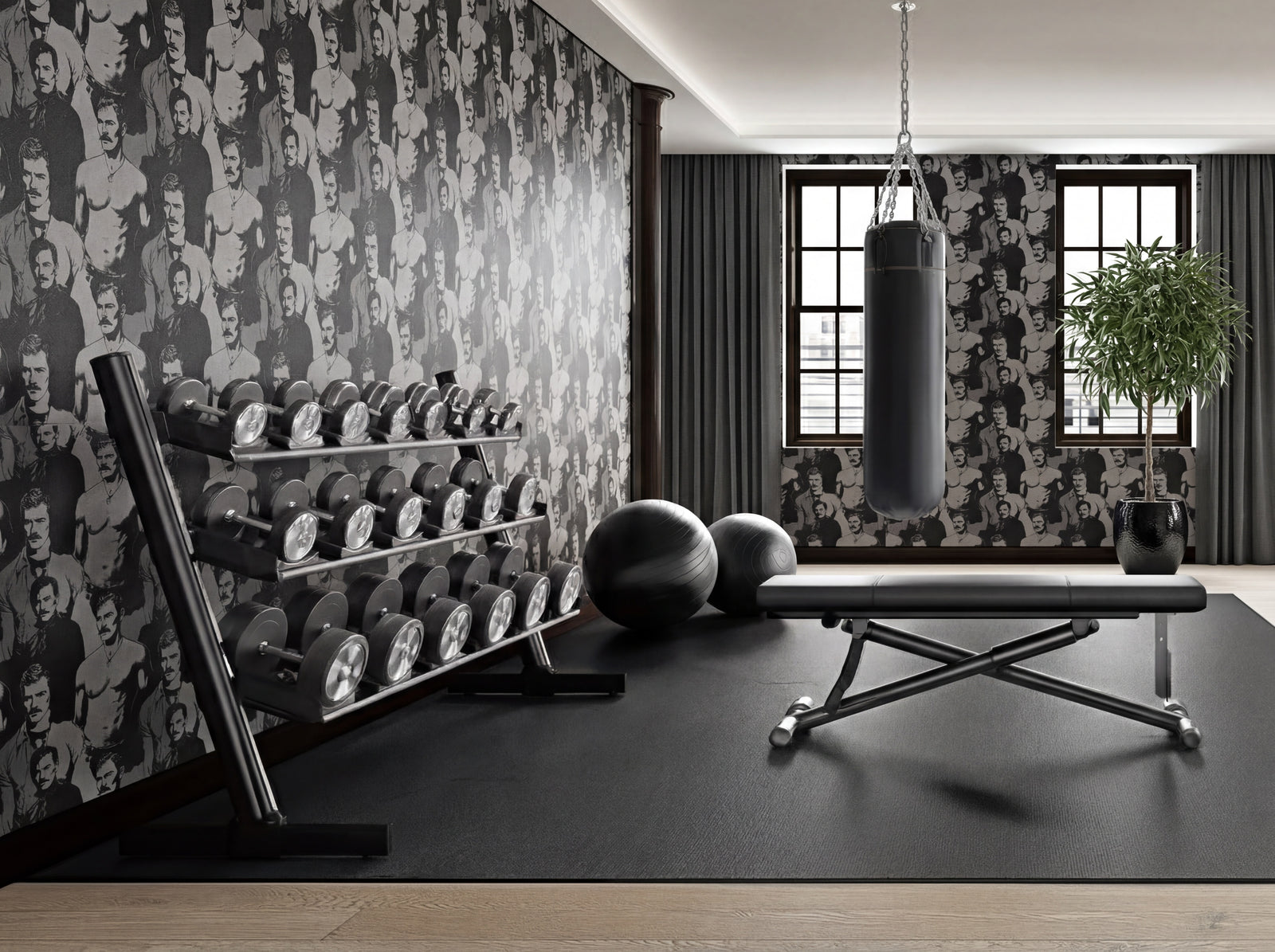 Luxurious modern dining room featuring graphic portrait motif wallpaper on a focal wall