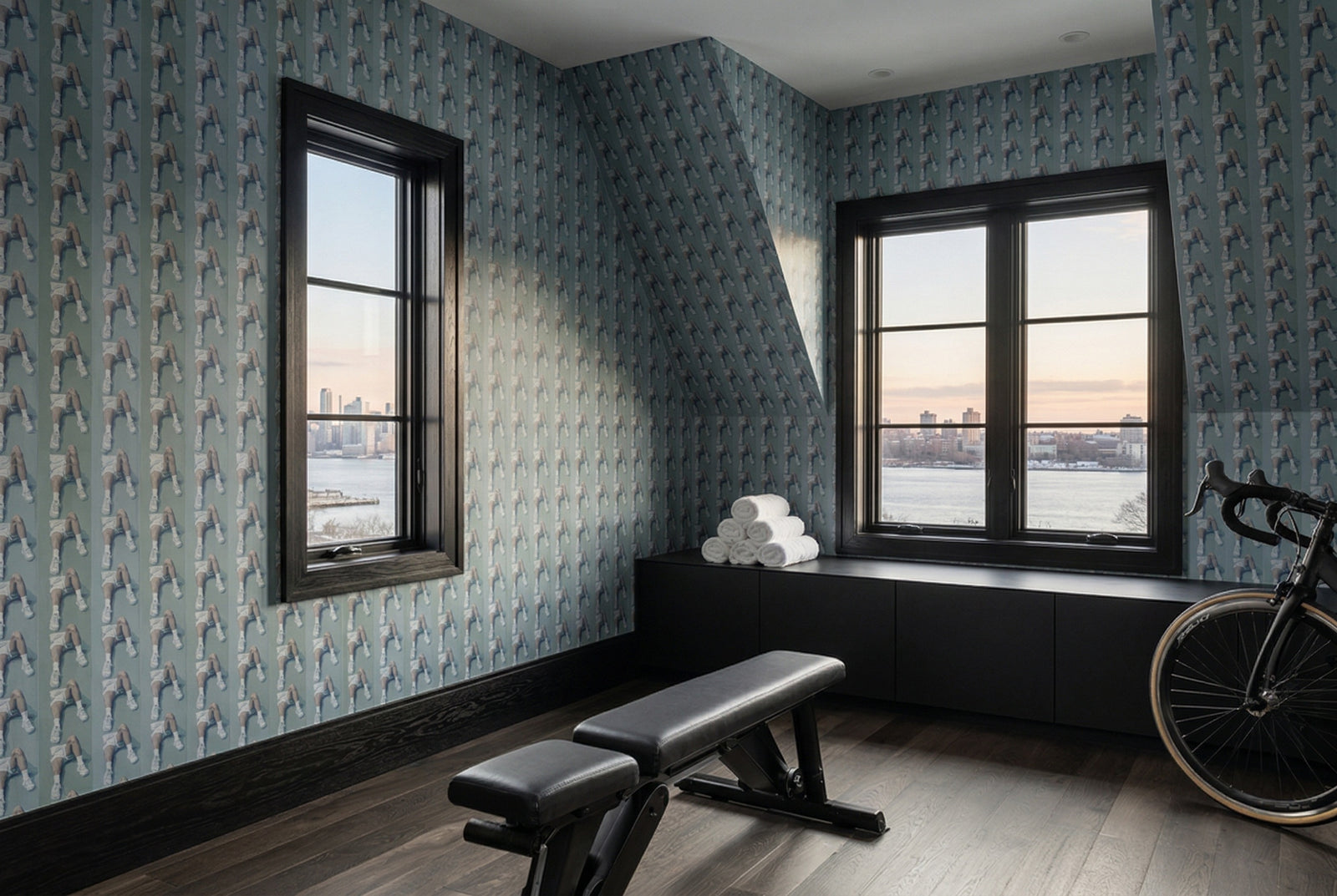Styled home gym interior with Court Side designer wallpaper adding a fresh, tailored look.