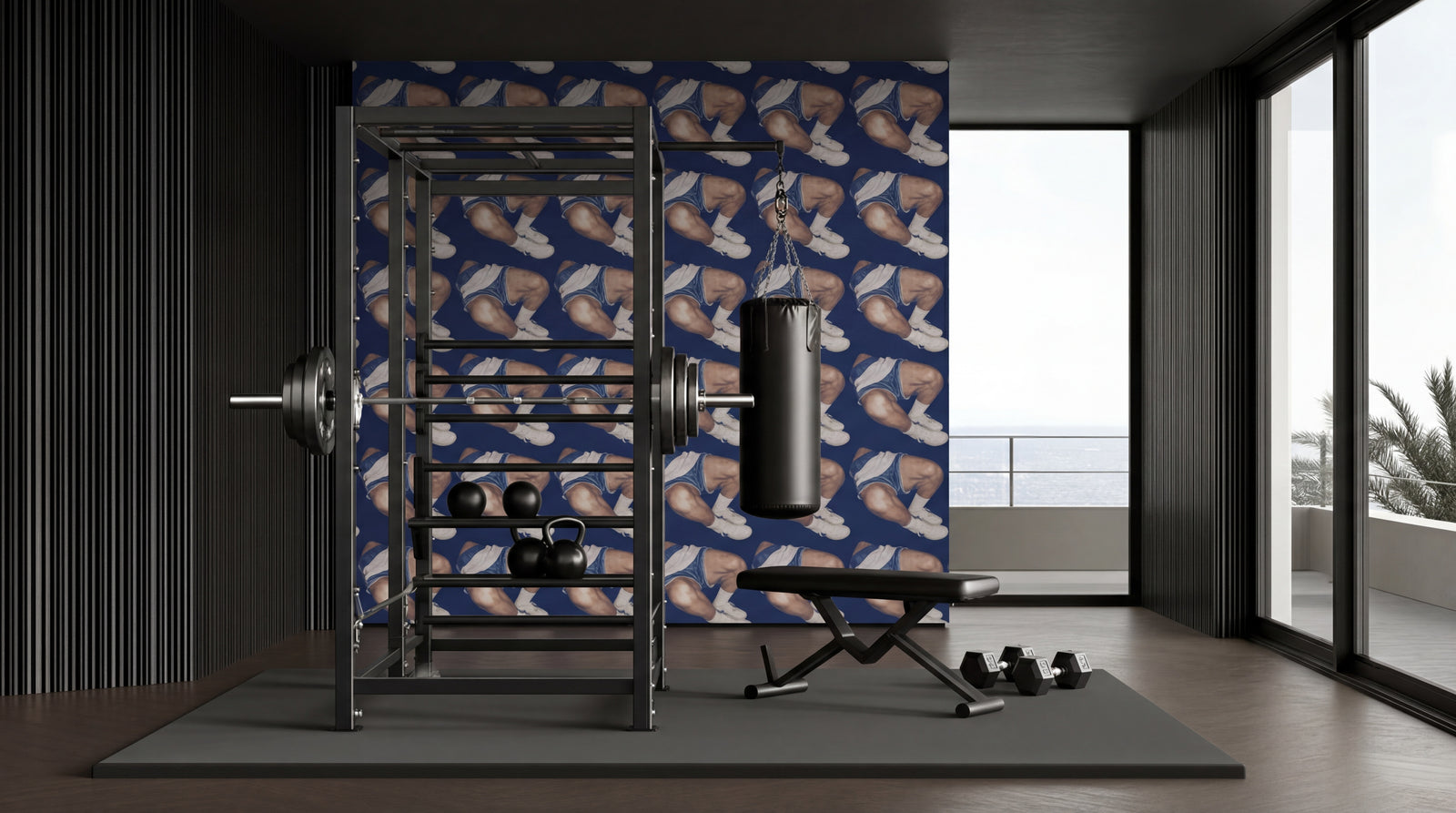 Elegant living room interior featuring the Gym Shorts artisan wallpaper on a large accent wall.