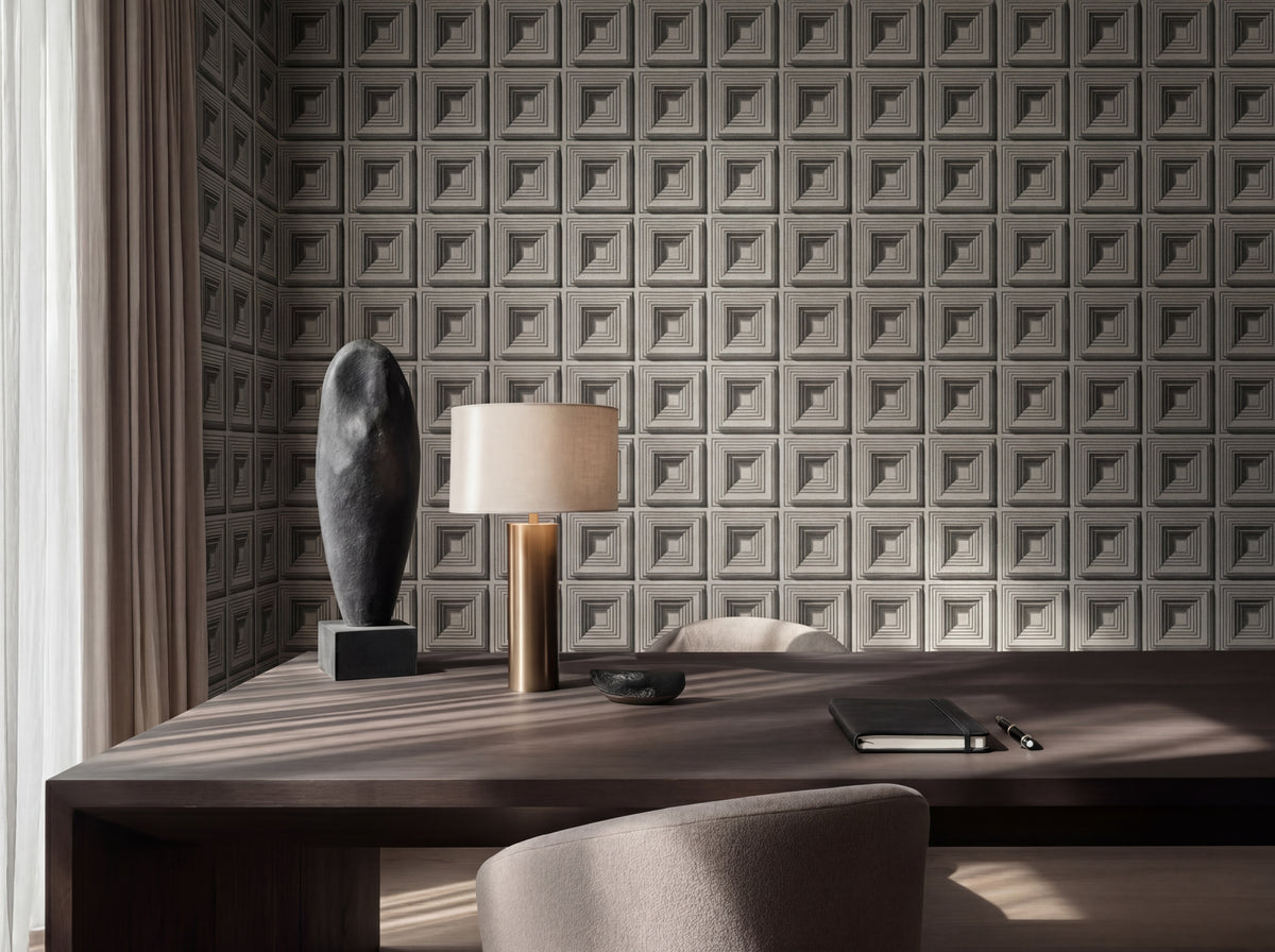 Brutalist block-style grey tile panel wallpaper installed in a modern interior setting