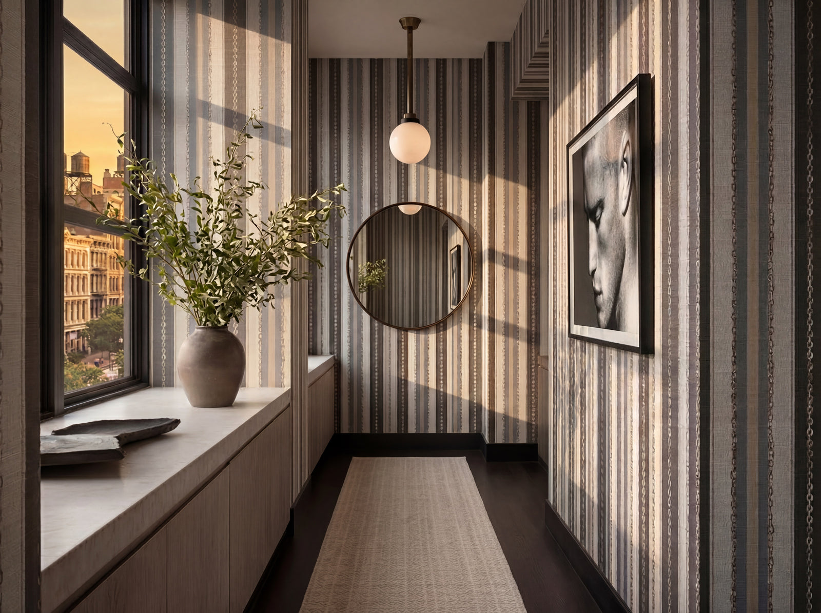 Rope and Chain Restraint artisan wallpaper hung in a styled luxury bedroom setting