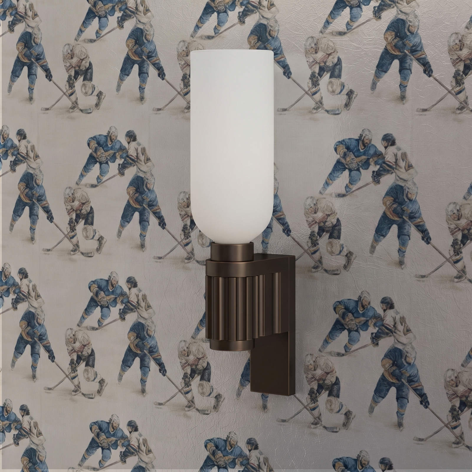 Detail view of the hand-drawn hockey players on the Rinkside Heritage wallpaper in a contemporary hallway.